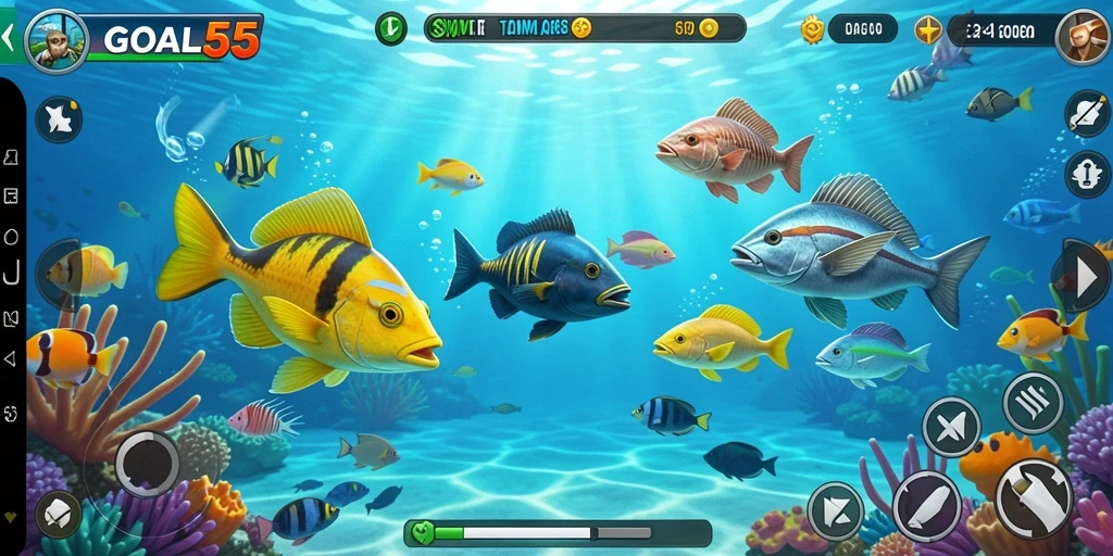 Tampilan menampilkan gameplay seru dari GOAL55, menangkap berbagai jenis ikan.