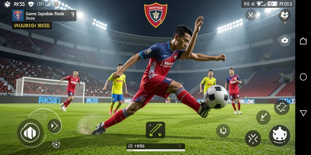 Tampilan gameplay mendebarkan dari RK55 dengan aksi sepak bola intens.