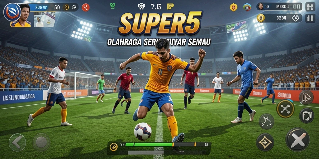 Screenshot utama SUPER5 menampilkan aksi olahraga yang mendebarkan.