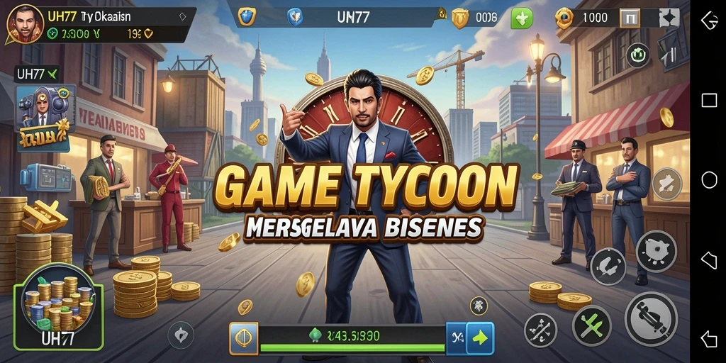 Tangkapan layar UH77 menampilkan gameplay manajemen bisnis yang seru.